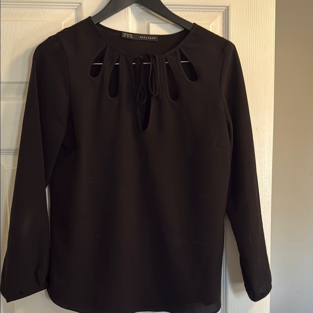 Zara Black Cut Out Blouse with Long Sleeves